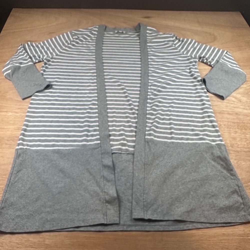 Umgee Gray White Striped Open Front Cardigan Tunic Womens Medium
